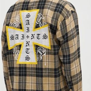 Plaid Flannel Blazer with Embroidered Cross